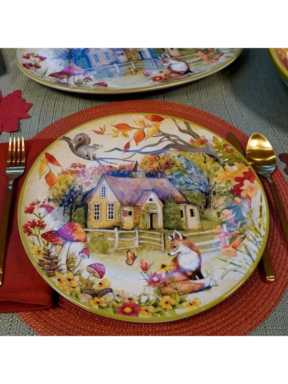 Whimsical Forest Animal Ceramic Dinner Plates Set of 4 – Nature-Inspired